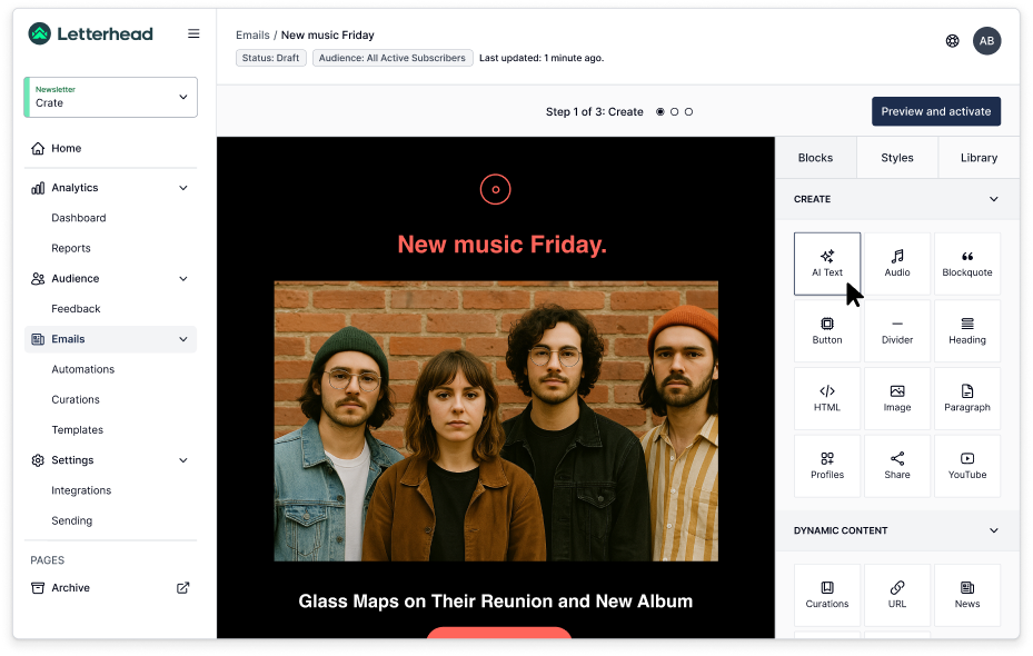 Studio — drag-and-drop editing of the New Music Friday newsletter