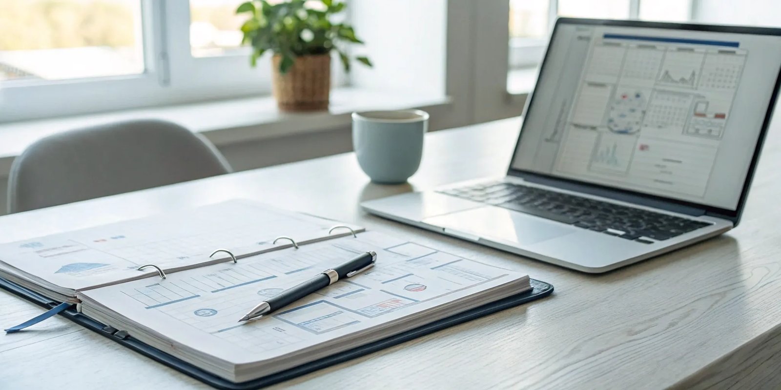 Planning an account-based marketing newsletter with a laptop showing analytics and strategy documents.