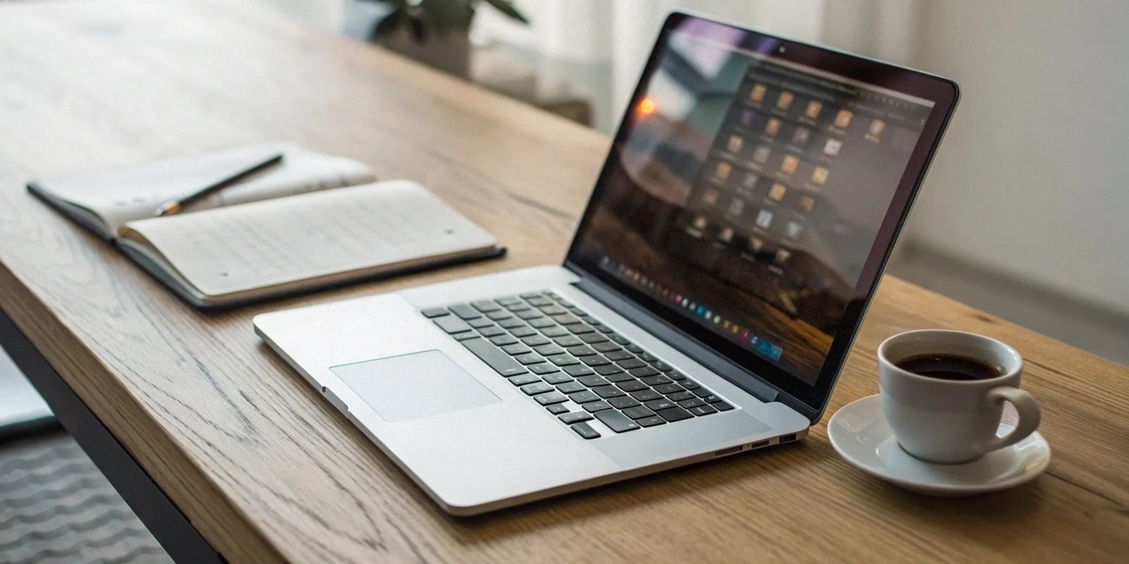 A laptop and notebook on a desk for finding the best digital newsletter platform.