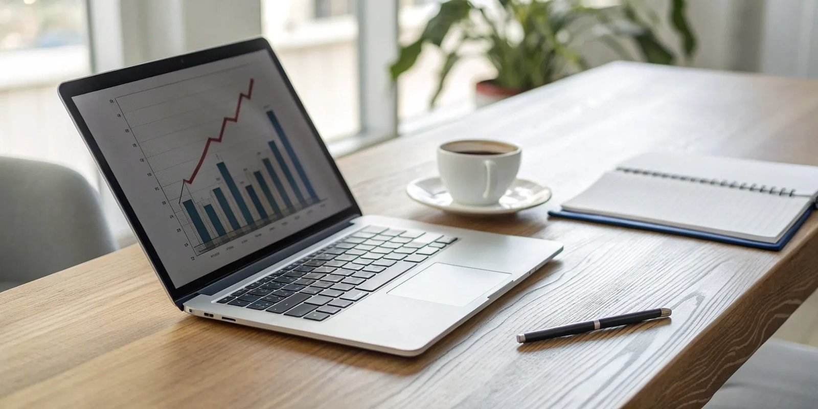 Laptop on a desk showing an analytics graph for selling newsletter ads on the best platforms.