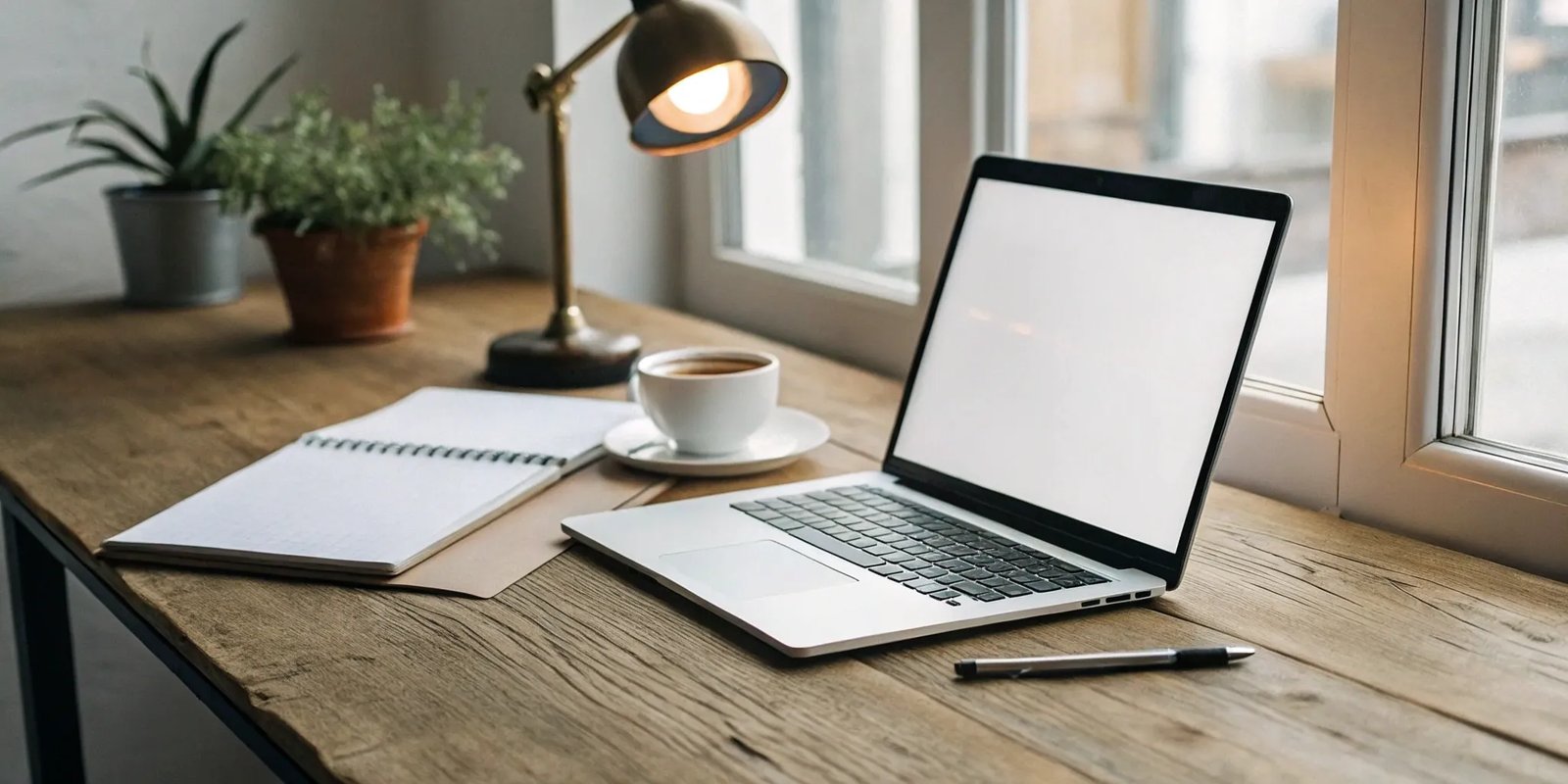 A laptop and notebook for brainstorming brand newsletter ideas.