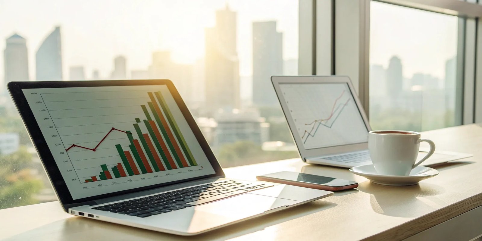 Laptops displaying business analytics to track the growth of a digital newsletter business.