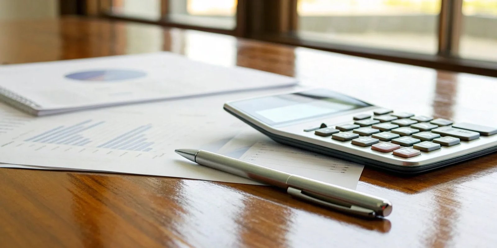 Calculating newsletter revenue with a calculator, pen, and financial documents.