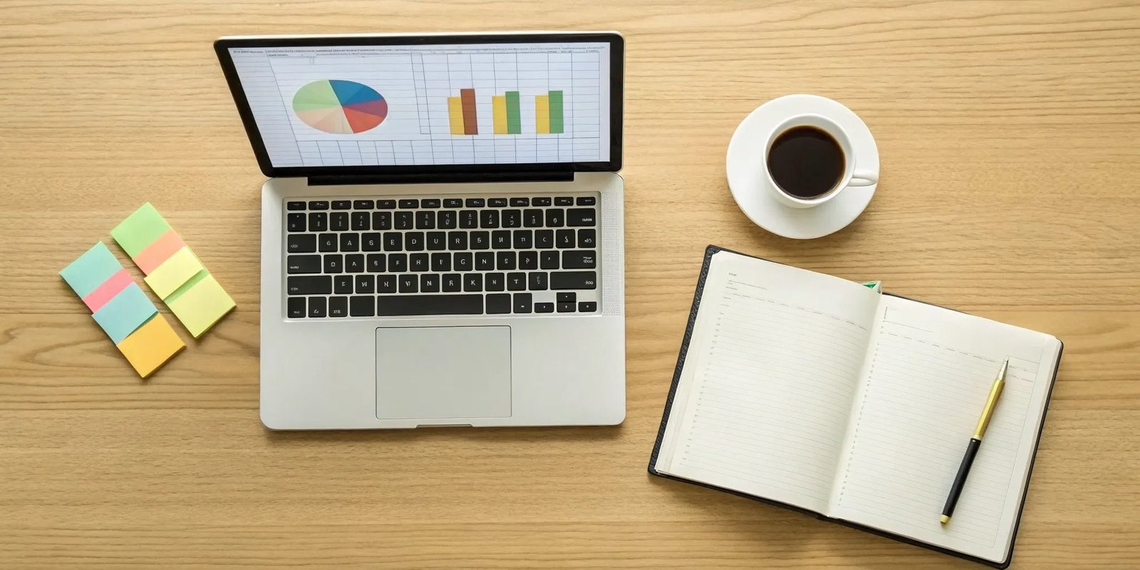 A desk setup with a laptop showing analytics for how to manage newsletter ad inventory.