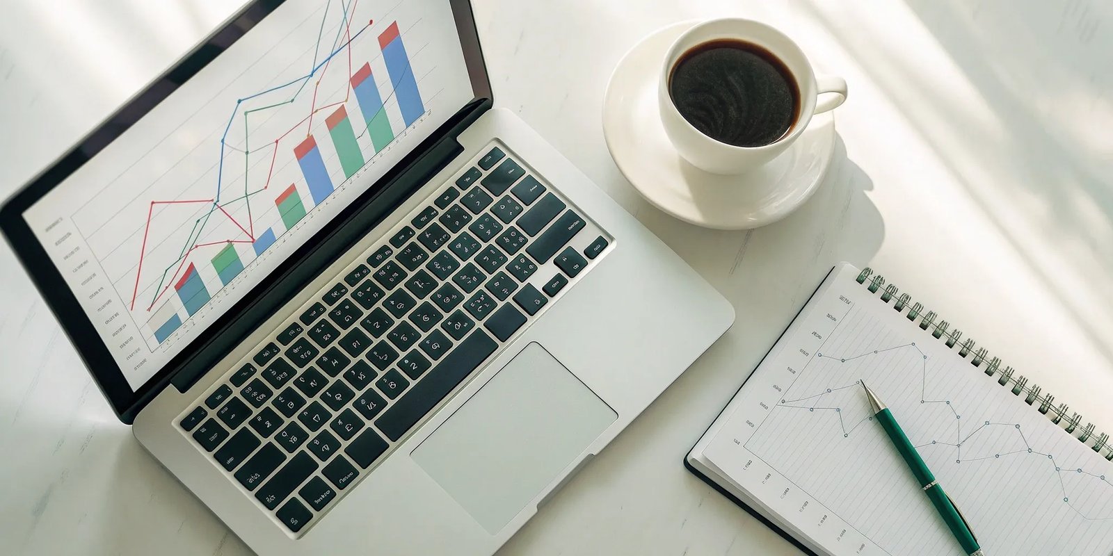 A laptop with analytics graphs and a notepad used to measure newsletter performance across brands.