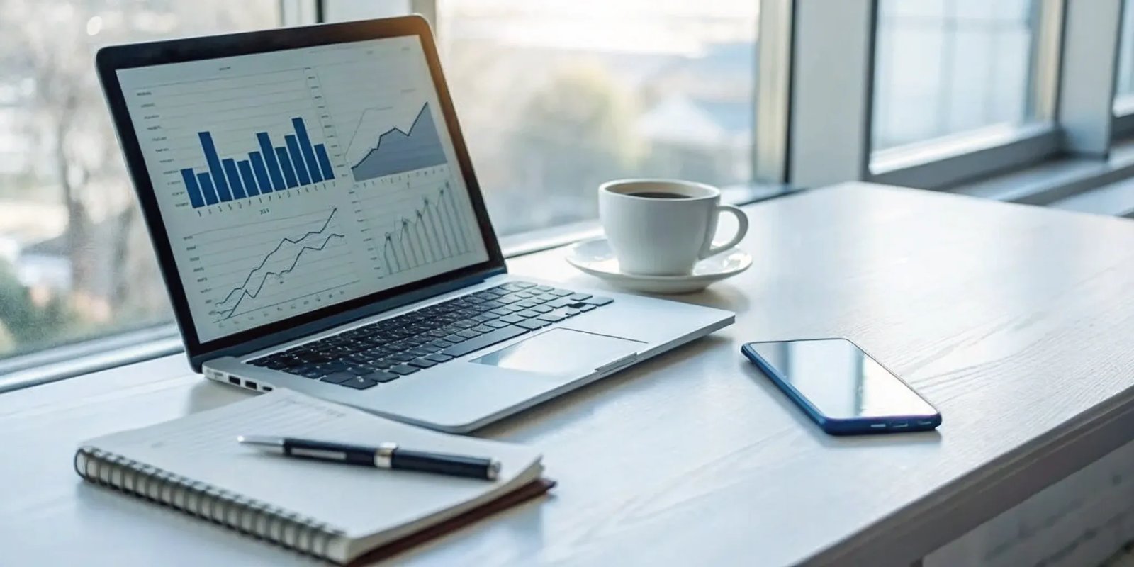Measuring newsletter advertising ROI with analytics charts on a laptop.
