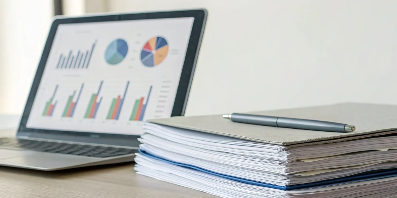 Laptop with financial charts and documents detailing monetization tips to grow newsletter revenue.
