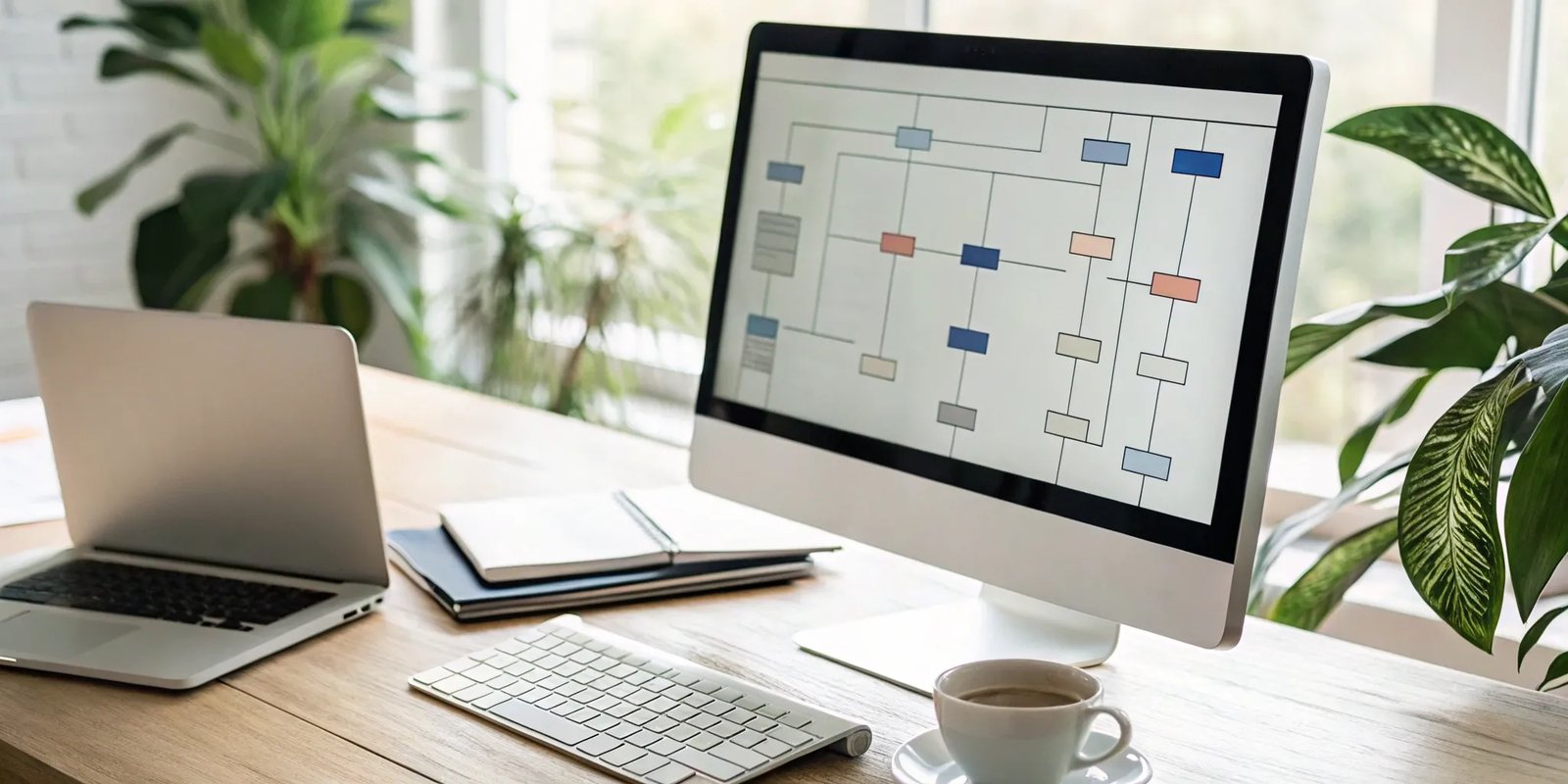 A newsletter approval workflow diagram shown on a laptop screen.
