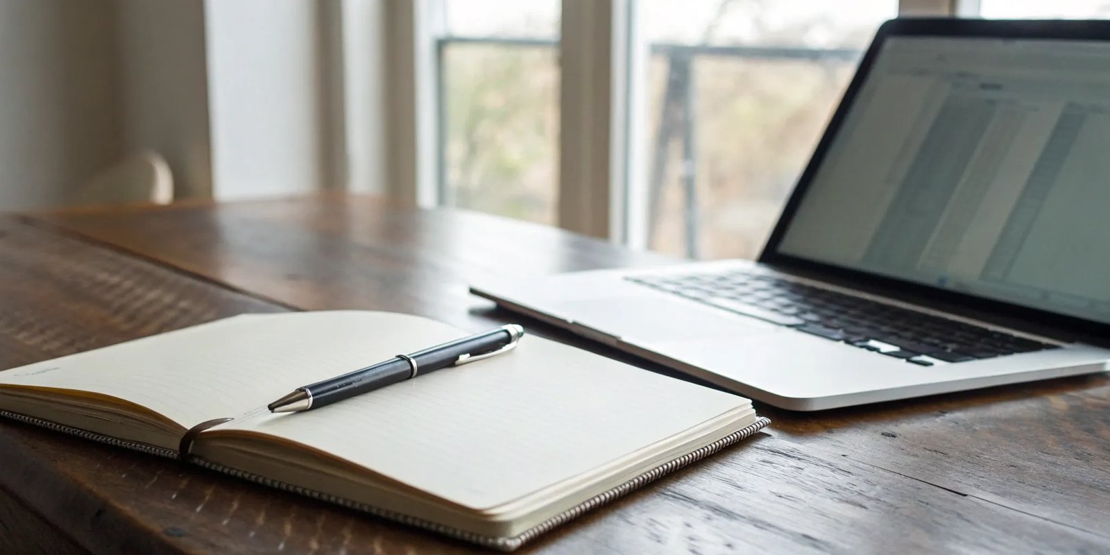 A laptop and notebook used to create a brand governance plan for a company newsletter.