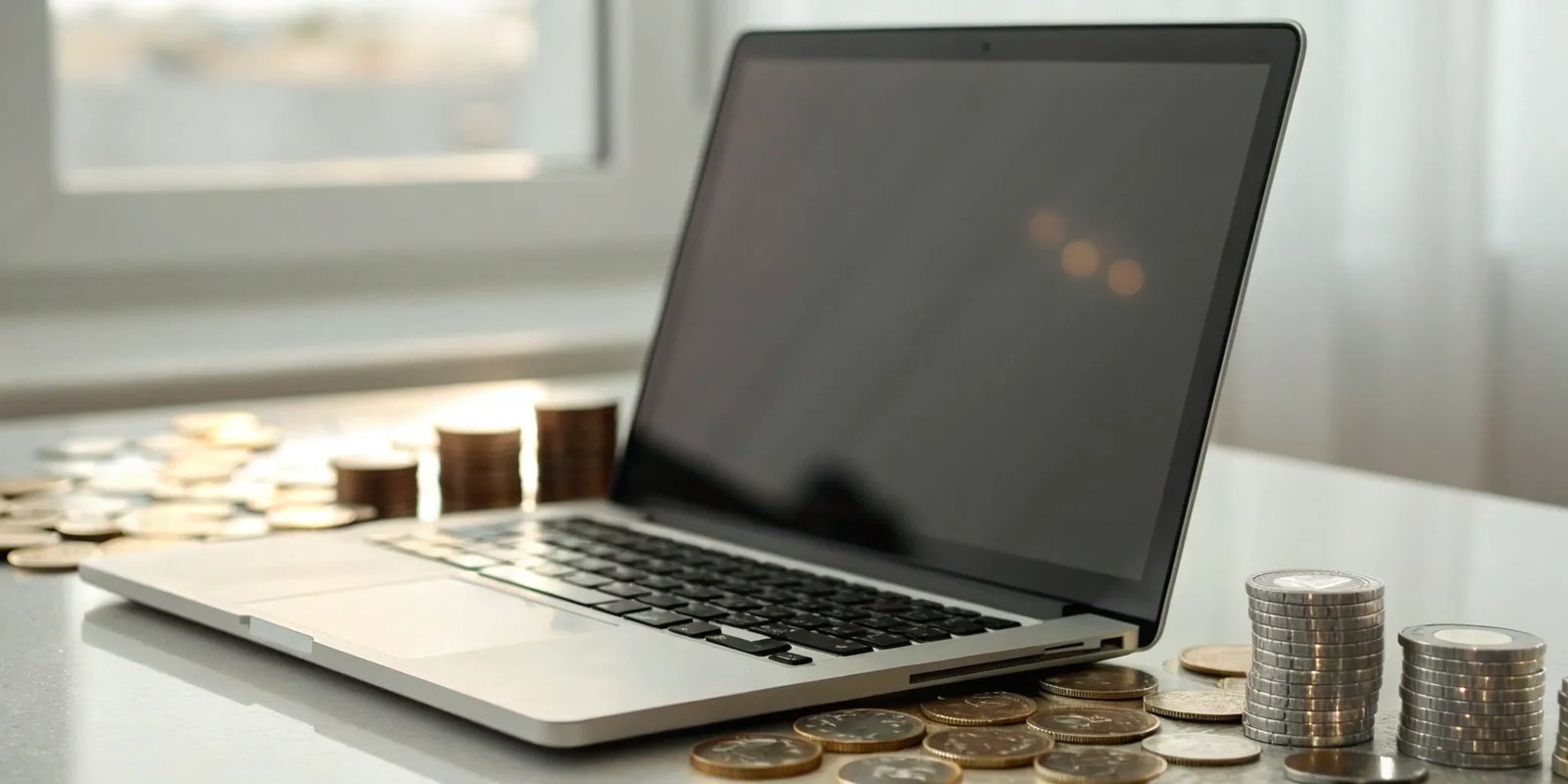 Laptop with stacks of coins on a desk, earned using newsletter monetization software.