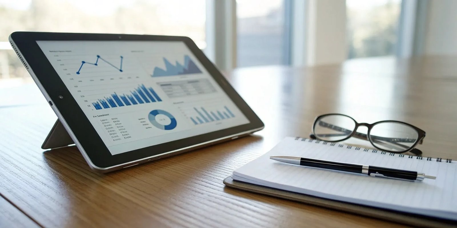 A tablet with analytics charts for strategic newsletter portfolio management.