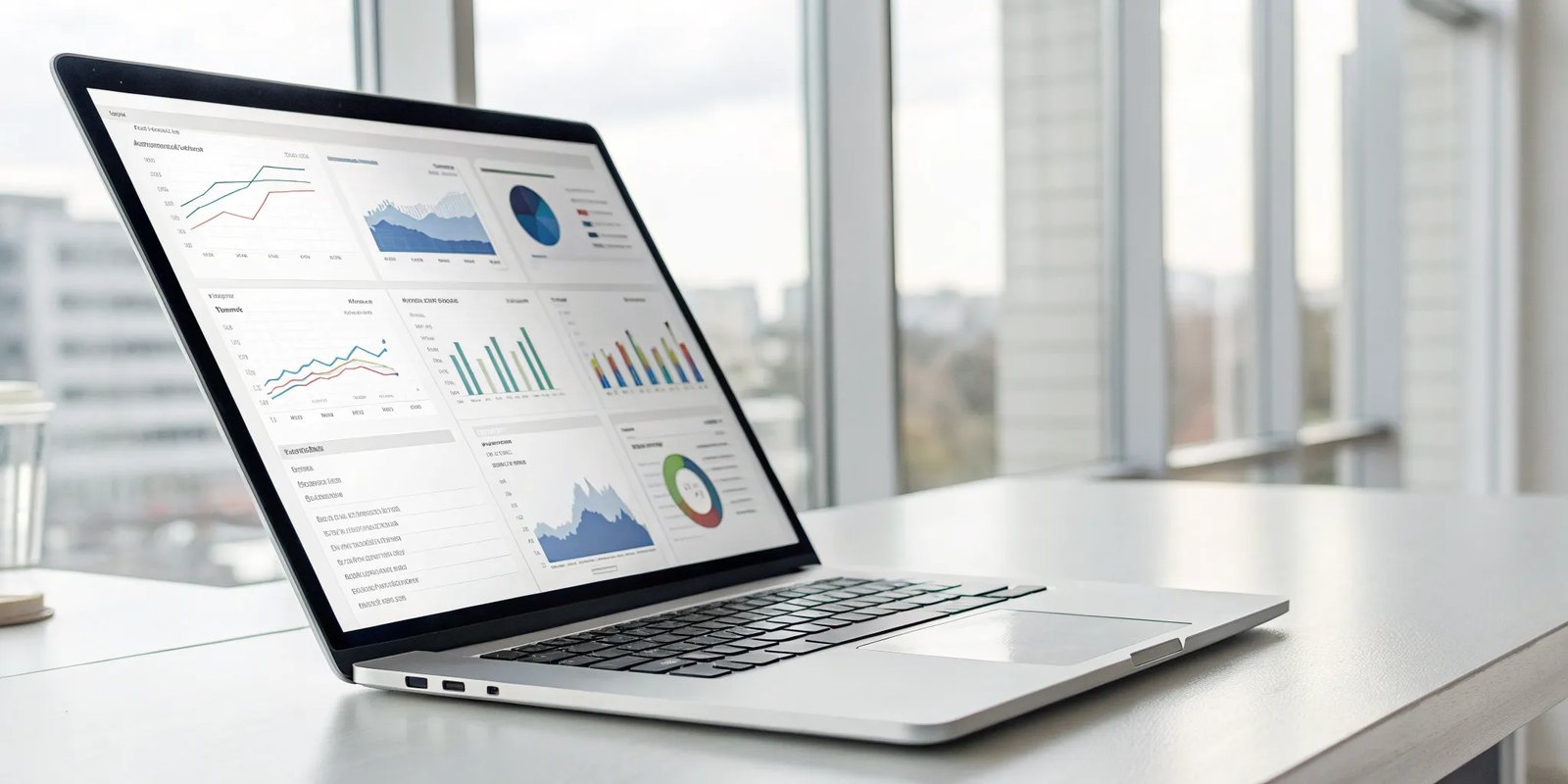 Newsletter reporting template on a laptop screen with charts showing key performance metrics.