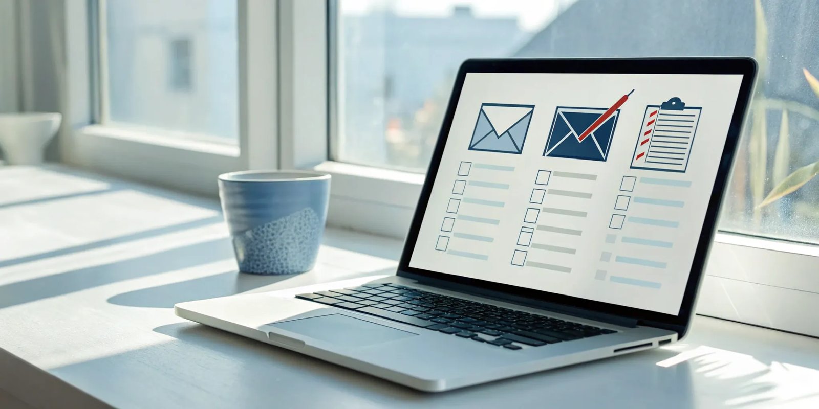 A streamlined newsletter approval process shown on a laptop with a checklist and icons.