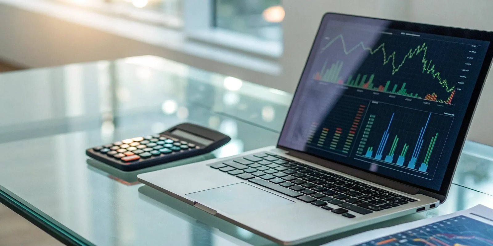 A laptop with an analytics dashboard and calculator, tools to measure newsletter ROI.