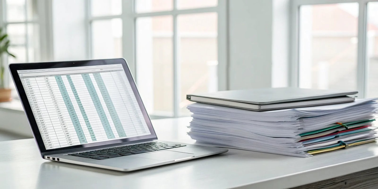 A laptop showing a unified newsletter report for a school, consolidating data from multiple documents.